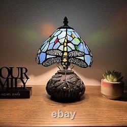 Tiffany Style Mini Table Lamp Blue Stained Glass Dragonfly LED Bulb Include H12