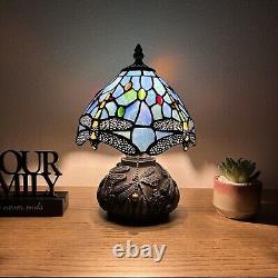 Tiffany Style Mini Table Lamp Blue Stained Glass Dragonfly LED Bulb Include H12