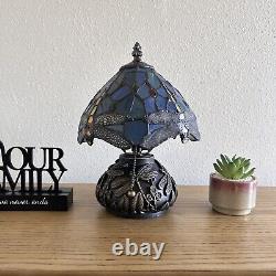 Tiffany Style Mini Table Lamp Blue Stained Glass Dragonfly LED Bulb Include H12