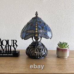 Tiffany Style Mini Table Lamp Blue Stained Glass Dragonfly LED Bulb Include H12