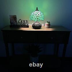 Tiffany Style Mini Table Lamp Green Stained Glass Leaves LED Bulb Include 12H