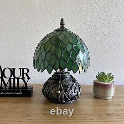 Tiffany Style Mini Table Lamp Green Stained Glass Leaves LED Bulb Include 12H