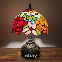 Tiffany Style Mini Table Lamp Rose Flowers Stained Glass LED Bulb Included 14H