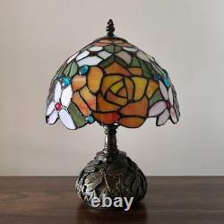 Tiffany Style Mini Table Lamp Rose Flowers Stained Glass LED Bulb Included 14H