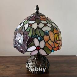 Tiffany Style Mini Table Lamp Rose Flowers Stained Glass LED Bulb Included 14H