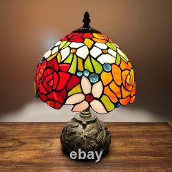 Tiffany Style Mini Table Lamp Rose Flowers Stained Glass LED Bulb Included 14H