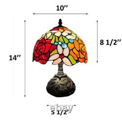 Tiffany Style Mini Table Lamp Rose Flowers Stained Glass LED Bulb Included 14H