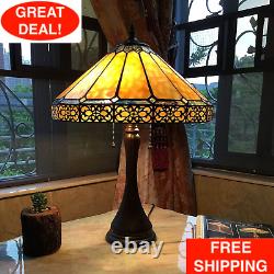 Tiffany Style Mission 2-Light Table Lamp Amber Brown Stained Glass Bronze Finish