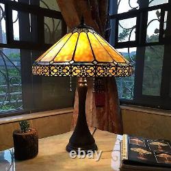 Tiffany Style Mission 2-Light Table Lamp Amber Brown Stained Glass Bronze Finish