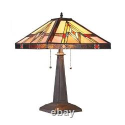 Tiffany Style Mission 2-Light Table Lamp Amber Red Stained Glass Bronze Finish