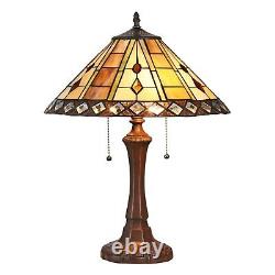 Tiffany Style Mission 2-Lite Table Lamp Brown Yellow Stained Glass Bronze Finish