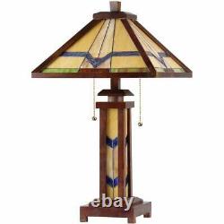 Tiffany Style Mission Stained Glass Double Lit Table Lamp with Lighted Base