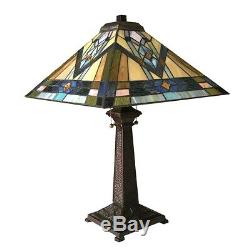 Tiffany Style Mission Stained Glass Table Lamp 2 Bulb Antique Dark Bronze Base