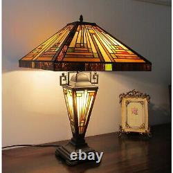 Tiffany Style Mission Table Lamp Beige Amber Stained Glass Shade Lit Metal Base