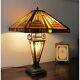 Tiffany Style Mission Table Lamp Beige Amber Stained Glass Shade Lit Metal Base