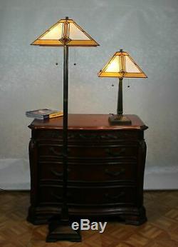 Tiffany Style Mission Table and Floor Lamp Set Handcrafted 16Shade