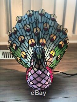 Tiffany Style PEACOCK Lamp Stained Glass Design Vintage Antique 13 Jeweled