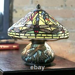 Tiffany Style Red Dragonfly Accent Green Stained Glass Table Lamp with Mosaic Base