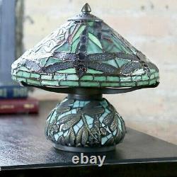 Tiffany Style Red Dragonfly Accent Green Stained Glass Table Lamp with Mosaic Base