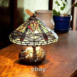 Tiffany Style Red Dragonfly Accent Green Stained Glass Table Lamp with Mosaic Base