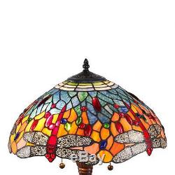 Tiffany Style Red Dragonfly Bronze Stained Art Glass Vintage Table Shade Lamp