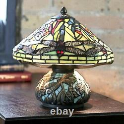 Tiffany Style Red Dragonfly Green Stained Glass Accent Table Lamp with Mosaic Base