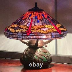 Tiffany Style Red Dragonfly Stained Glass Table Reading Lamp Purple and Orange