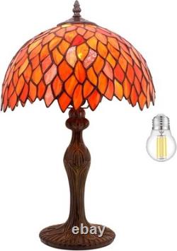 Tiffany Style Red Wisteria Stained Glass Table Lamp Vintage Bedside Desk Light