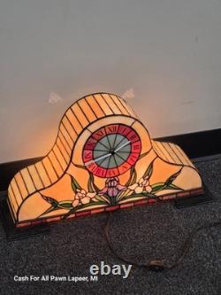 Tiffany Style STAINED GLASS Mantel Clock, IRIS Garden Illuminating Lamp