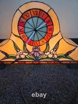 Tiffany Style STAINED GLASS Mantel Clock, IRIS Garden Illuminating Lamp