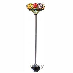 Tiffany Style Stained Glass Azalea Torchiere Floor Lamp Antique Bronze Base