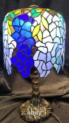 Tiffany Style Stained Glass Blue/Green Wisteria Table Lamp With Tree Trunk Base
