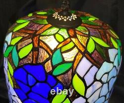 Tiffany Style Stained Glass Blue/Green Wisteria Table Lamp With Tree Trunk Base