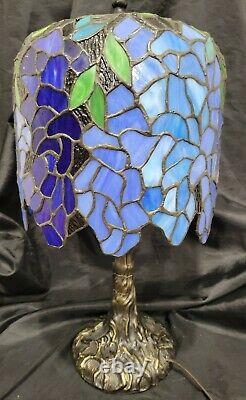 Tiffany Style Stained Glass Blue/Green Wisteria Table Lamp With Tree Trunk Base