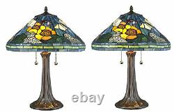 Tiffany Style Stained Glass Blue and Green Water Lily Lamp Set 16 Shade New