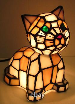 Tiffany Style Stained Glass Bobble Head Green Eye Cat Kitten Night Light Lamp 7