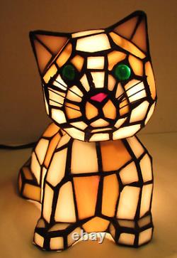 Tiffany Style Stained Glass Bobble Head Green Eye Cat Kitten Night Light Lamp 7