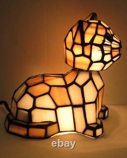 Tiffany Style Stained Glass Bobble Head Green Eye Cat Kitten Night Light Lamp 7