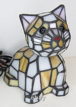 Tiffany Style Stained Glass Bobble Head Green Eye Cat Kitten Night Light Lamp 7