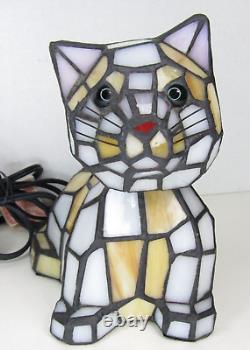 Tiffany Style Stained Glass Bobble Head Green Eye Cat Kitten Night Light Lamp 7