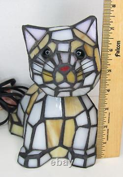 Tiffany Style Stained Glass Bobble Head Green Eye Cat Kitten Night Light Lamp 7