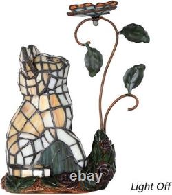 Tiffany-Style Stained Glass Cat Accent Table Lamp Cat Watching a Butterfly