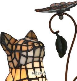 Tiffany-Style Stained Glass Cat Accent Table Lamp Cat Watching a Butterfly