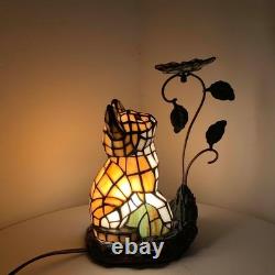 Tiffany-Style Stained Glass Cat Accent Table Lamp Cat Watching a Butterfly