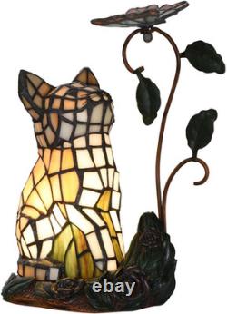 Tiffany-Style Stained Glass Cat Accent Table Lamp Cat Watching a Butterfly