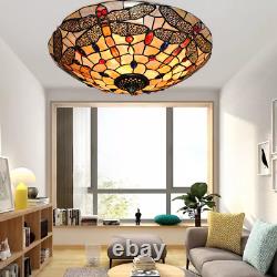 Tiffany Style Stained Glass Dragonfly Ceiling Lamp Dining Room Flush Mount Light
