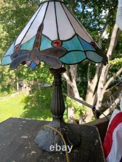 Tiffany Style Stained Glass Dragonfly Lamp Vintage Revival Leaded Glass Table