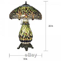 Tiffany Style Stained Glass Dragonfly Reading Table Lamp with Lighted Base