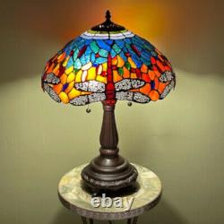 Tiffany Style Stained Glass Dragonfly Table Lamp Blue Red Gold with Bronze Finish