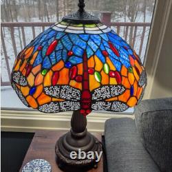 Tiffany Style Stained Glass Dragonfly Table Lamp Blue Red Gold with Bronze Finish